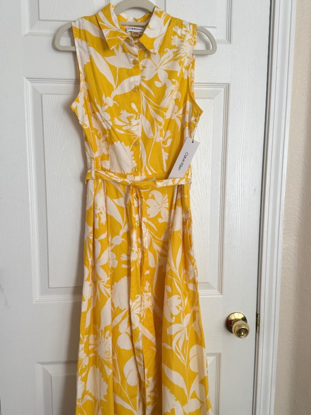 Calvin Klein Yellow White Floral Sleeveless Midi Cotton Shirt Dress Size 8 NWT